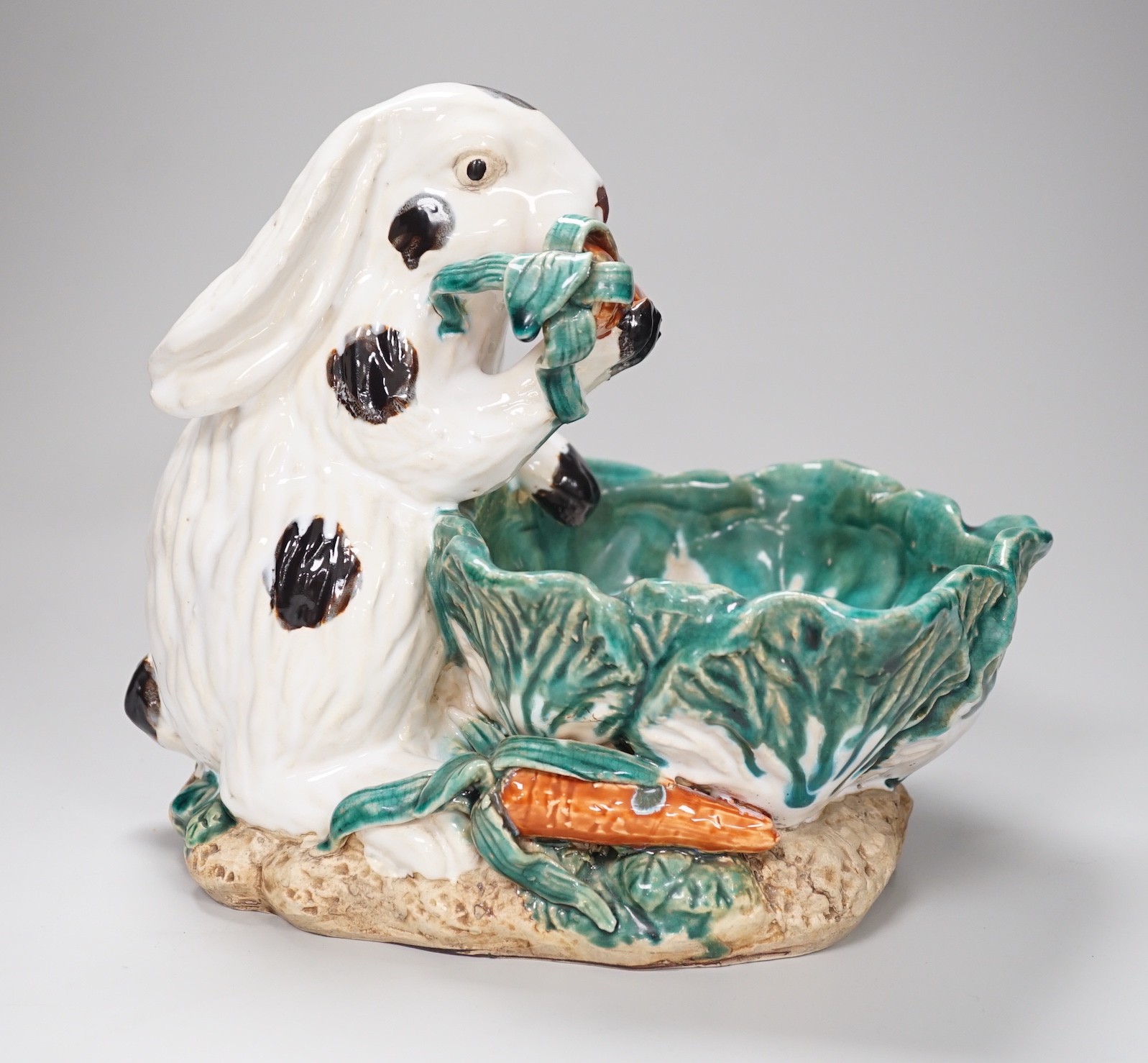 An unusual late 19th century Continental majolica 'rabbit' dish. 26cm high